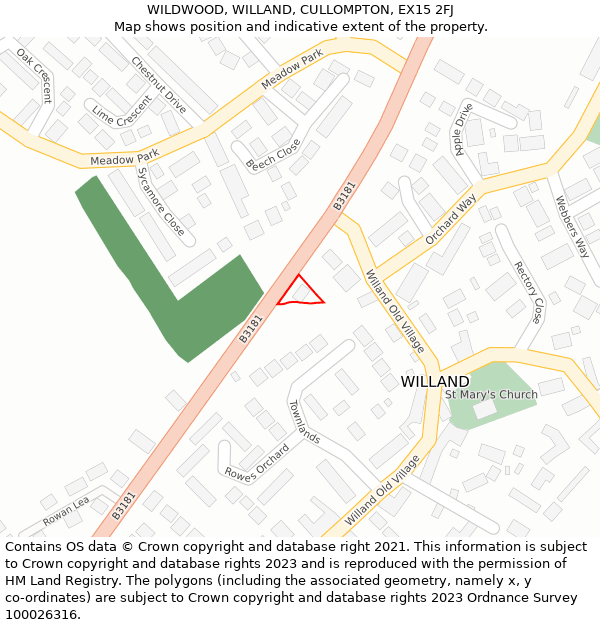 WILDWOOD, WILLAND, CULLOMPTON, EX15 2FJ: Location map and indicative extent of plot