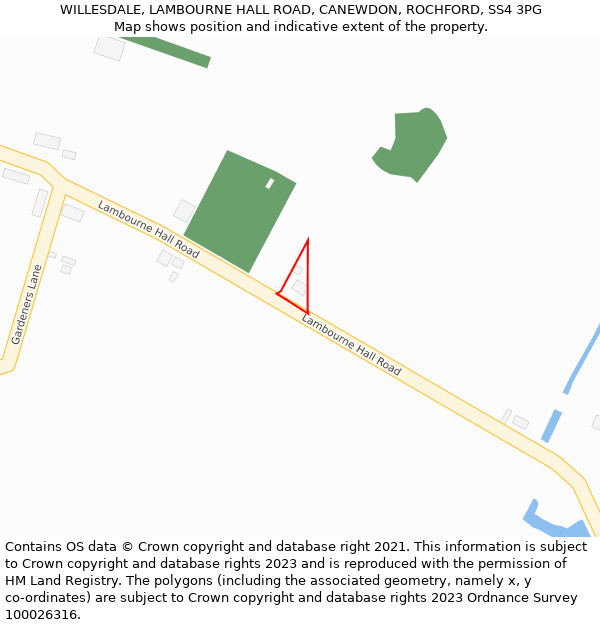 WILLESDALE, LAMBOURNE HALL ROAD, CANEWDON, ROCHFORD, SS4 3PG: Location map and indicative extent of plot