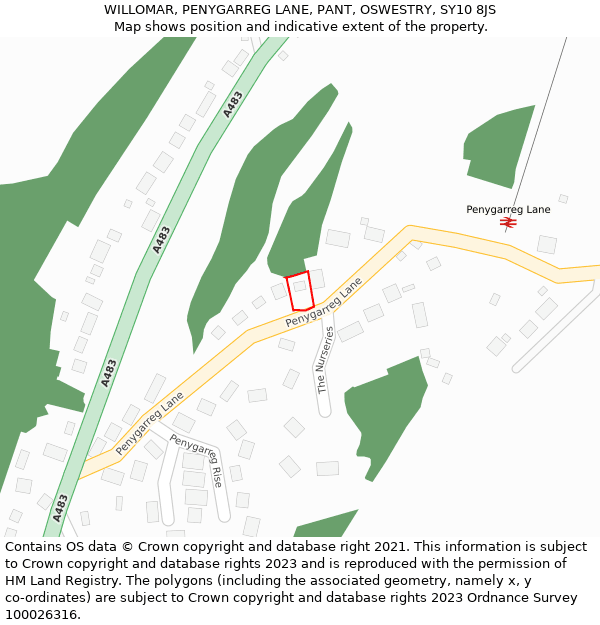 WILLOMAR, PENYGARREG LANE, PANT, OSWESTRY, SY10 8JS: Location map and indicative extent of plot