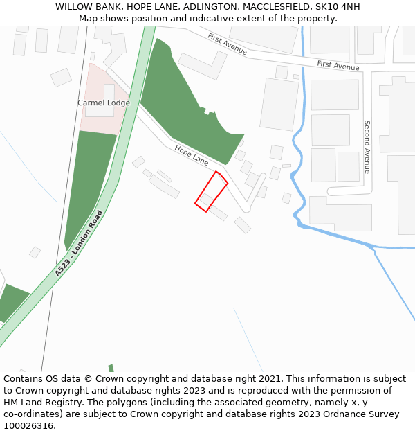 WILLOW BANK, HOPE LANE, ADLINGTON, MACCLESFIELD, SK10 4NH: Location map and indicative extent of plot