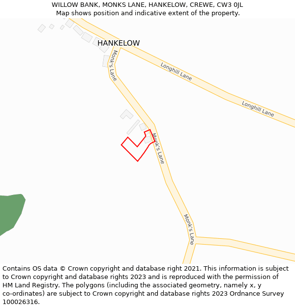 WILLOW BANK, MONKS LANE, HANKELOW, CREWE, CW3 0JL: Location map and indicative extent of plot
