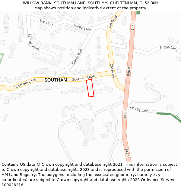 WILLOW BANK, SOUTHAM LANE, SOUTHAM, CHELTENHAM, GL52 3NY: Location map and indicative extent of plot