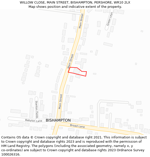 WILLOW CLOSE, MAIN STREET, BISHAMPTON, PERSHORE, WR10 2LX: Location map and indicative extent of plot