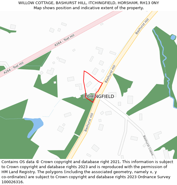 WILLOW COTTAGE, BASHURST HILL, ITCHINGFIELD, HORSHAM, RH13 0NY: Location map and indicative extent of plot