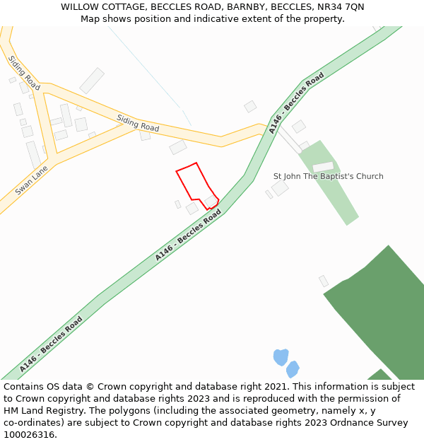 WILLOW COTTAGE, BECCLES ROAD, BARNBY, BECCLES, NR34 7QN: Location map and indicative extent of plot