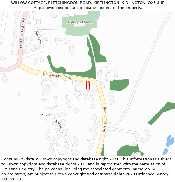 WILLOW COTTAGE, BLETCHINGDON ROAD, KIRTLINGTON, KIDLINGTON, OX5 3HF: Location map and indicative extent of plot