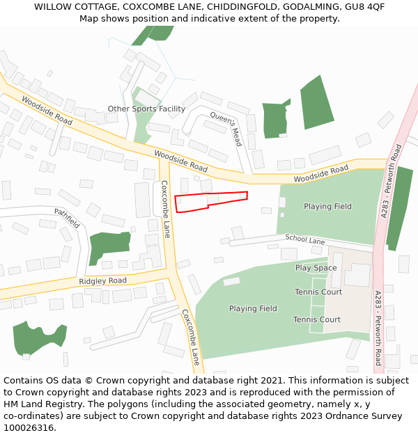 WILLOW COTTAGE, COXCOMBE LANE, CHIDDINGFOLD, GODALMING, GU8 4QF: Location map and indicative extent of plot
