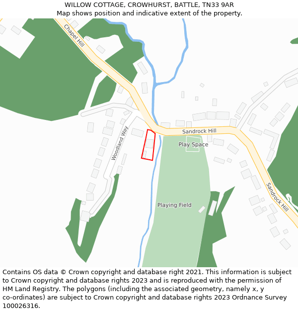 WILLOW COTTAGE, CROWHURST, BATTLE, TN33 9AR: Location map and indicative extent of plot