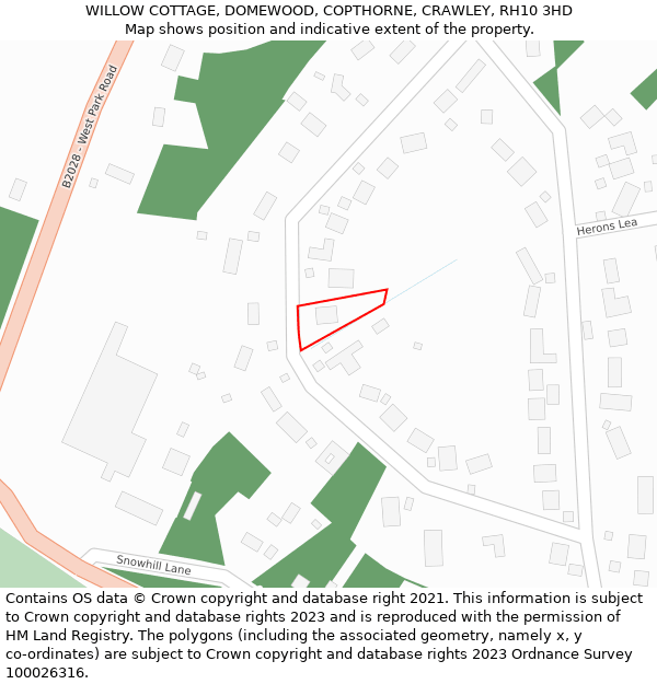 WILLOW COTTAGE, DOMEWOOD, COPTHORNE, CRAWLEY, RH10 3HD: Location map and indicative extent of plot