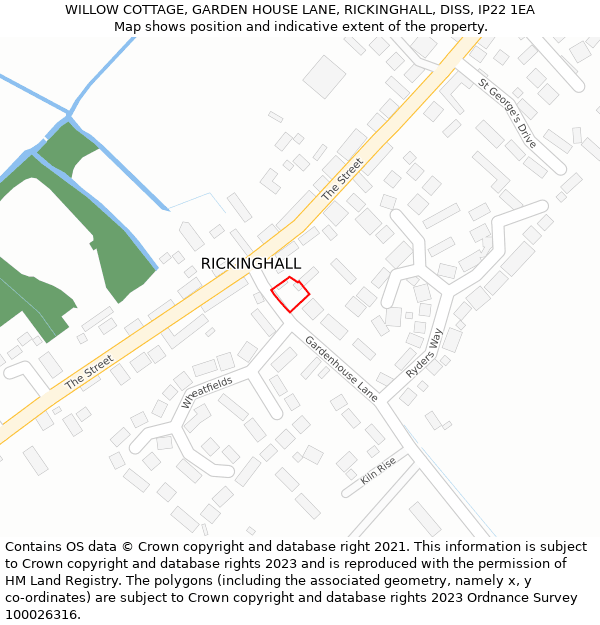 WILLOW COTTAGE, GARDEN HOUSE LANE, RICKINGHALL, DISS, IP22 1EA: Location map and indicative extent of plot