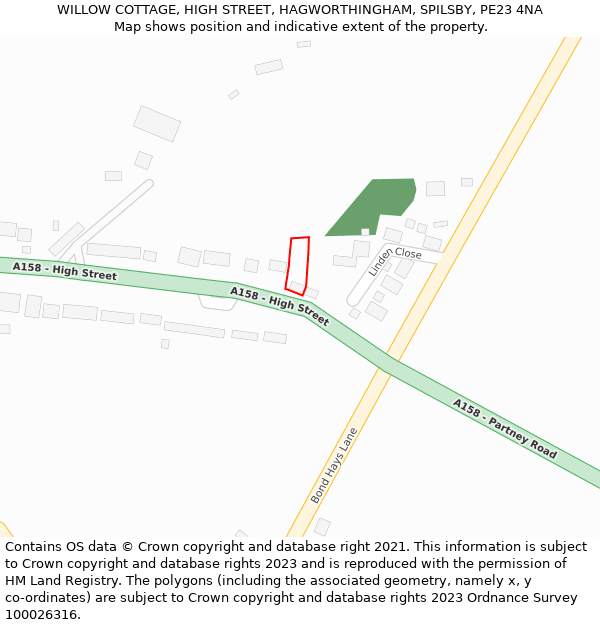 WILLOW COTTAGE, HIGH STREET, HAGWORTHINGHAM, SPILSBY, PE23 4NA: Location map and indicative extent of plot