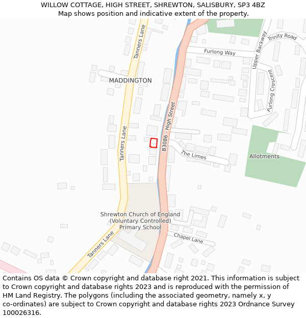 WILLOW COTTAGE, HIGH STREET, SHREWTON, SALISBURY, SP3 4BZ: Location map and indicative extent of plot