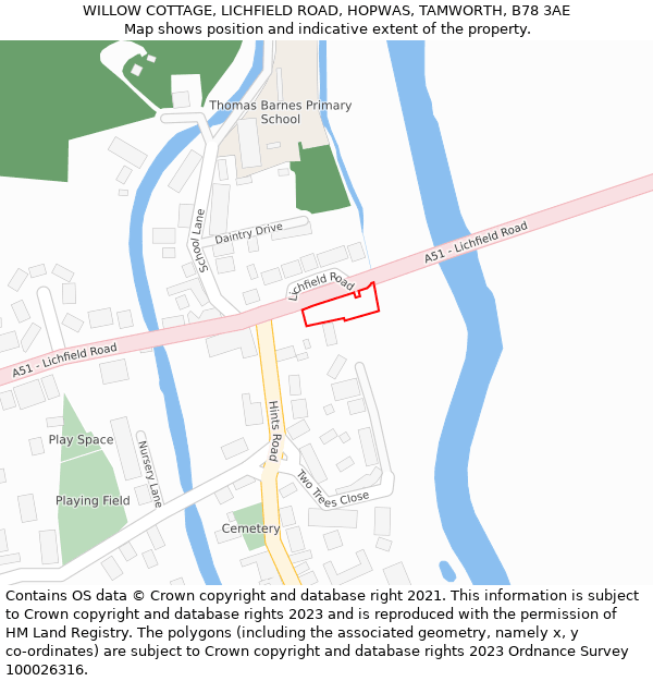 WILLOW COTTAGE, LICHFIELD ROAD, HOPWAS, TAMWORTH, B78 3AE: Location map and indicative extent of plot