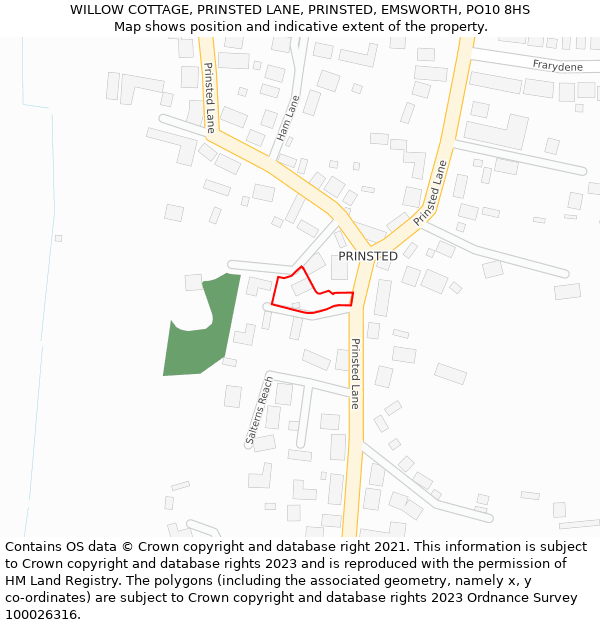 WILLOW COTTAGE, PRINSTED LANE, PRINSTED, EMSWORTH, PO10 8HS: Location map and indicative extent of plot