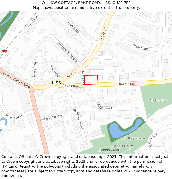 WILLOW COTTAGE, RAKE ROAD, LISS, GU33 7EF: Location map and indicative extent of plot