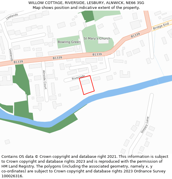 WILLOW COTTAGE, RIVERSIDE, LESBURY, ALNWICK, NE66 3SG: Location map and indicative extent of plot