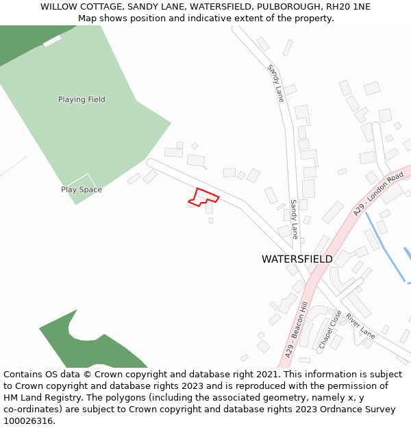 WILLOW COTTAGE, SANDY LANE, WATERSFIELD, PULBOROUGH, RH20 1NE: Location map and indicative extent of plot