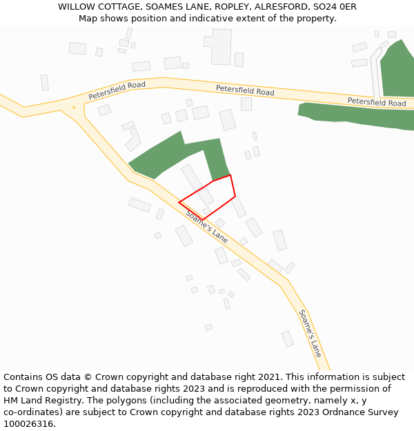 WILLOW COTTAGE, SOAMES LANE, ROPLEY, ALRESFORD, SO24 0ER: Location map and indicative extent of plot