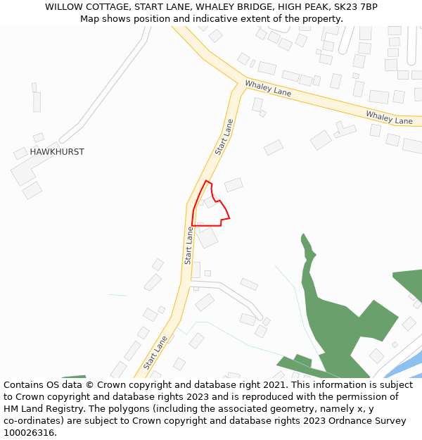 WILLOW COTTAGE, START LANE, WHALEY BRIDGE, HIGH PEAK, SK23 7BP: Location map and indicative extent of plot