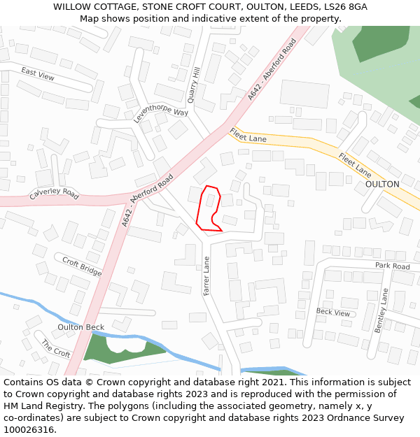 WILLOW COTTAGE, STONE CROFT COURT, OULTON, LEEDS, LS26 8GA: Location map and indicative extent of plot