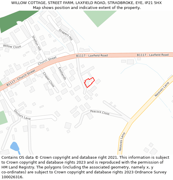 WILLOW COTTAGE, STREET FARM, LAXFIELD ROAD, STRADBROKE, EYE, IP21 5HX: Location map and indicative extent of plot