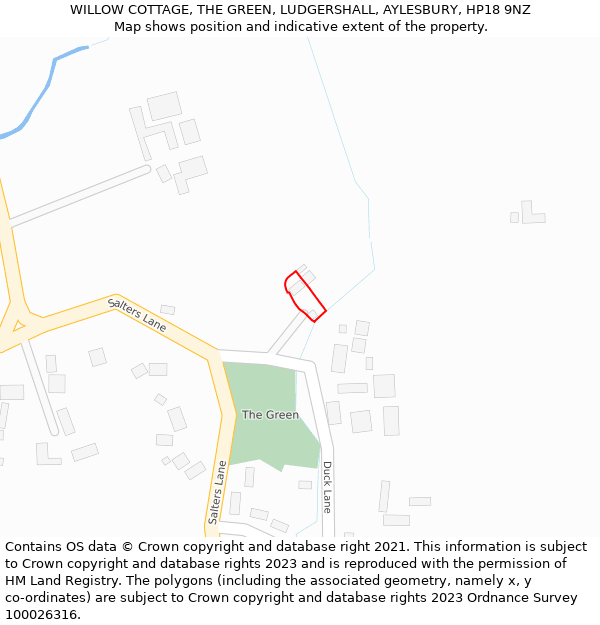 WILLOW COTTAGE, THE GREEN, LUDGERSHALL, AYLESBURY, HP18 9NZ: Location map and indicative extent of plot