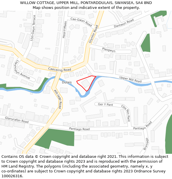 WILLOW COTTAGE, UPPER MILL, PONTARDDULAIS, SWANSEA, SA4 8ND: Location map and indicative extent of plot