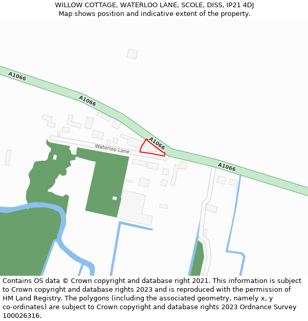 WILLOW COTTAGE, WATERLOO LANE, SCOLE, DISS, IP21 4DJ: Location map and indicative extent of plot