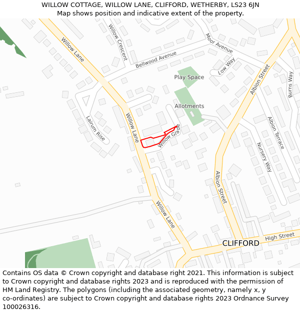 WILLOW COTTAGE, WILLOW LANE, CLIFFORD, WETHERBY, LS23 6JN: Location map and indicative extent of plot