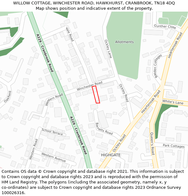 WILLOW COTTAGE, WINCHESTER ROAD, HAWKHURST, CRANBROOK, TN18 4DQ: Location map and indicative extent of plot