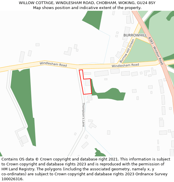 WILLOW COTTAGE, WINDLESHAM ROAD, CHOBHAM, WOKING, GU24 8SY: Location map and indicative extent of plot