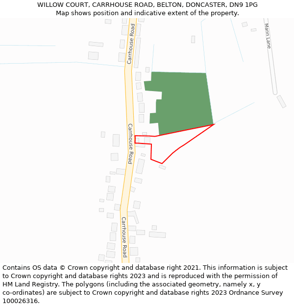 WILLOW COURT, CARRHOUSE ROAD, BELTON, DONCASTER, DN9 1PG: Location map and indicative extent of plot