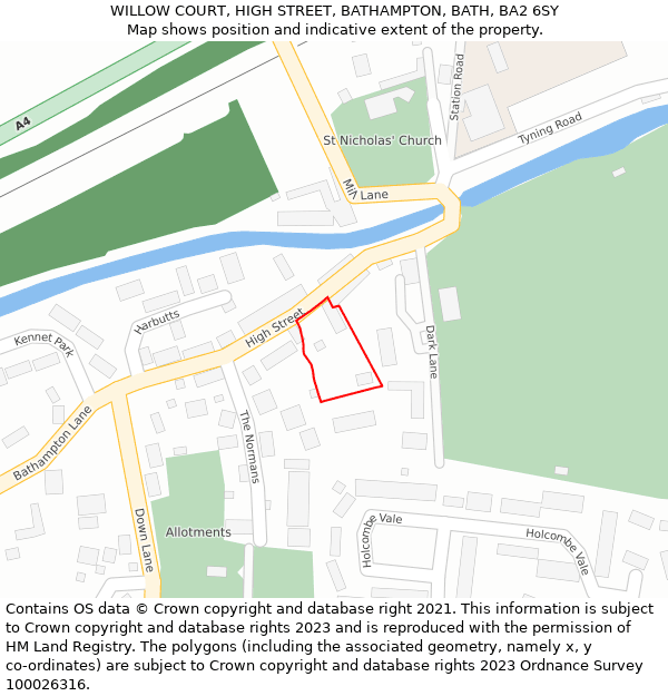 WILLOW COURT, HIGH STREET, BATHAMPTON, BATH, BA2 6SY: Location map and indicative extent of plot