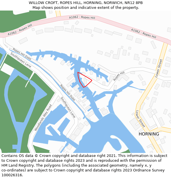 WILLOW CROFT, ROPES HILL, HORNING, NORWICH, NR12 8PB: Location map and indicative extent of plot