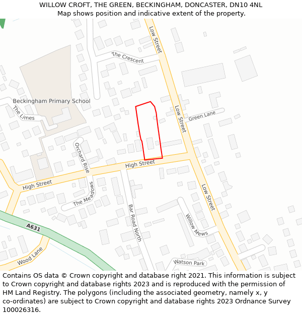 WILLOW CROFT, THE GREEN, BECKINGHAM, DONCASTER, DN10 4NL: Location map and indicative extent of plot