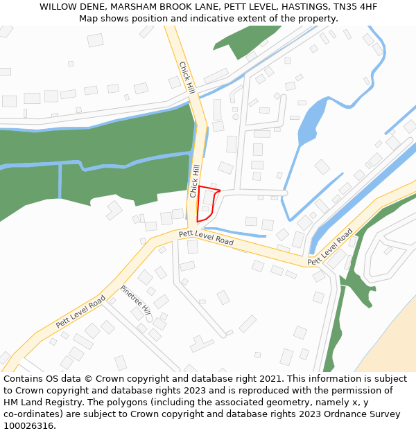 WILLOW DENE, MARSHAM BROOK LANE, PETT LEVEL, HASTINGS, TN35 4HF: Location map and indicative extent of plot