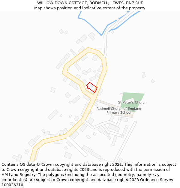 WILLOW DOWN COTTAGE, RODMELL, LEWES, BN7 3HF: Location map and indicative extent of plot