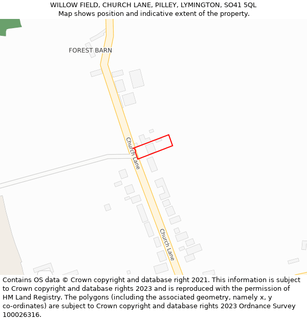 WILLOW FIELD, CHURCH LANE, PILLEY, LYMINGTON, SO41 5QL: Location map and indicative extent of plot