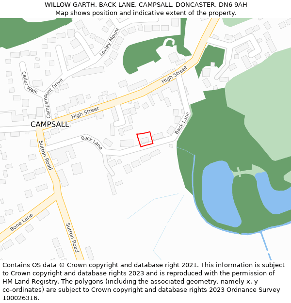 WILLOW GARTH, BACK LANE, CAMPSALL, DONCASTER, DN6 9AH: Location map and indicative extent of plot