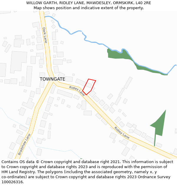 WILLOW GARTH, RIDLEY LANE, MAWDESLEY, ORMSKIRK, L40 2RE: Location map and indicative extent of plot