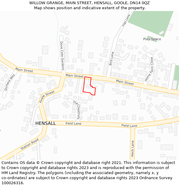 WILLOW GRANGE, MAIN STREET, HENSALL, GOOLE, DN14 0QZ: Location map and indicative extent of plot