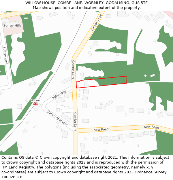 WILLOW HOUSE, COMBE LANE, WORMLEY, GODALMING, GU8 5TE: Location map and indicative extent of plot