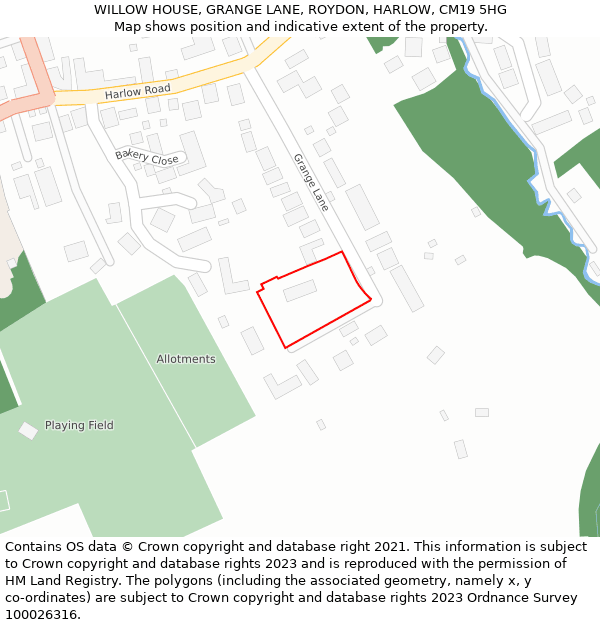 WILLOW HOUSE, GRANGE LANE, ROYDON, HARLOW, CM19 5HG: Location map and indicative extent of plot