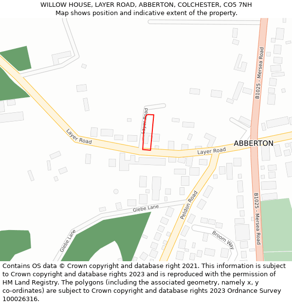 WILLOW HOUSE, LAYER ROAD, ABBERTON, COLCHESTER, CO5 7NH: Location map and indicative extent of plot