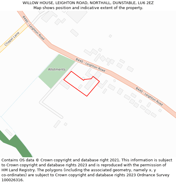 WILLOW HOUSE, LEIGHTON ROAD, NORTHALL, DUNSTABLE, LU6 2EZ: Location map and indicative extent of plot