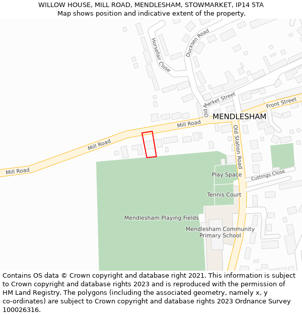WILLOW HOUSE, MILL ROAD, MENDLESHAM, STOWMARKET, IP14 5TA: Location map and indicative extent of plot