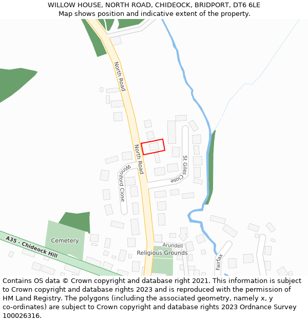 WILLOW HOUSE, NORTH ROAD, CHIDEOCK, BRIDPORT, DT6 6LE: Location map and indicative extent of plot