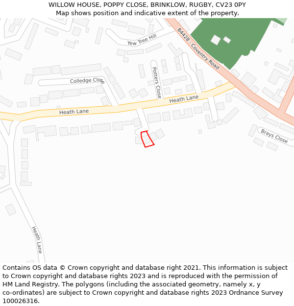 WILLOW HOUSE, POPPY CLOSE, BRINKLOW, RUGBY, CV23 0PY: Location map and indicative extent of plot