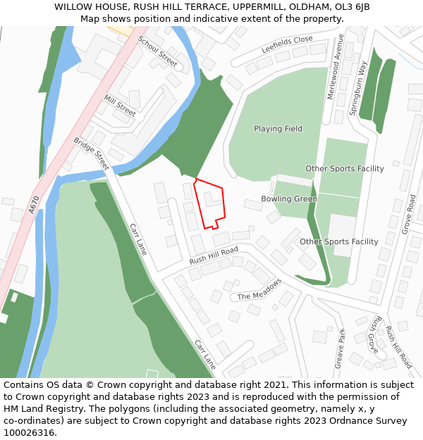 WILLOW HOUSE, RUSH HILL TERRACE, UPPERMILL, OLDHAM, OL3 6JB: Location map and indicative extent of plot