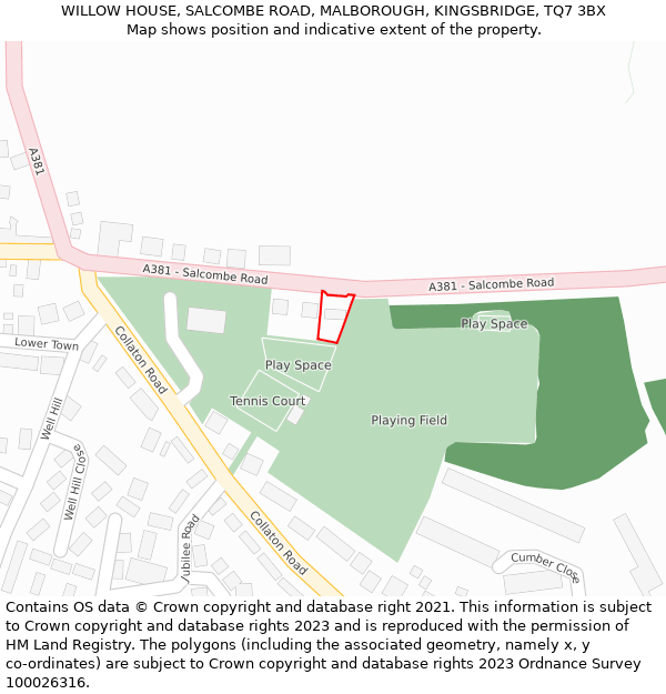 WILLOW HOUSE, SALCOMBE ROAD, MALBOROUGH, KINGSBRIDGE, TQ7 3BX: Location map and indicative extent of plot